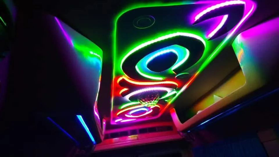 Custom LED ceiling inside an Anshaj tempo traveller