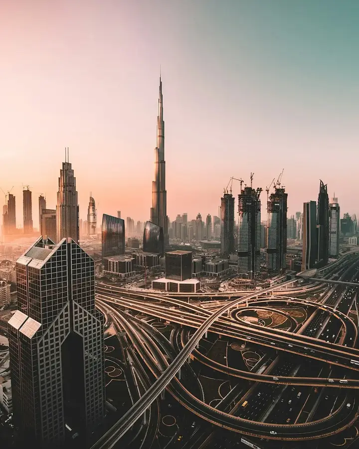 Dubai skyline with Burj Khalifa at sunset