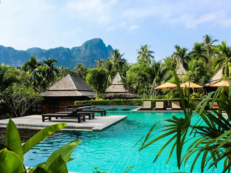 Resort swimming pool surrounded by palms