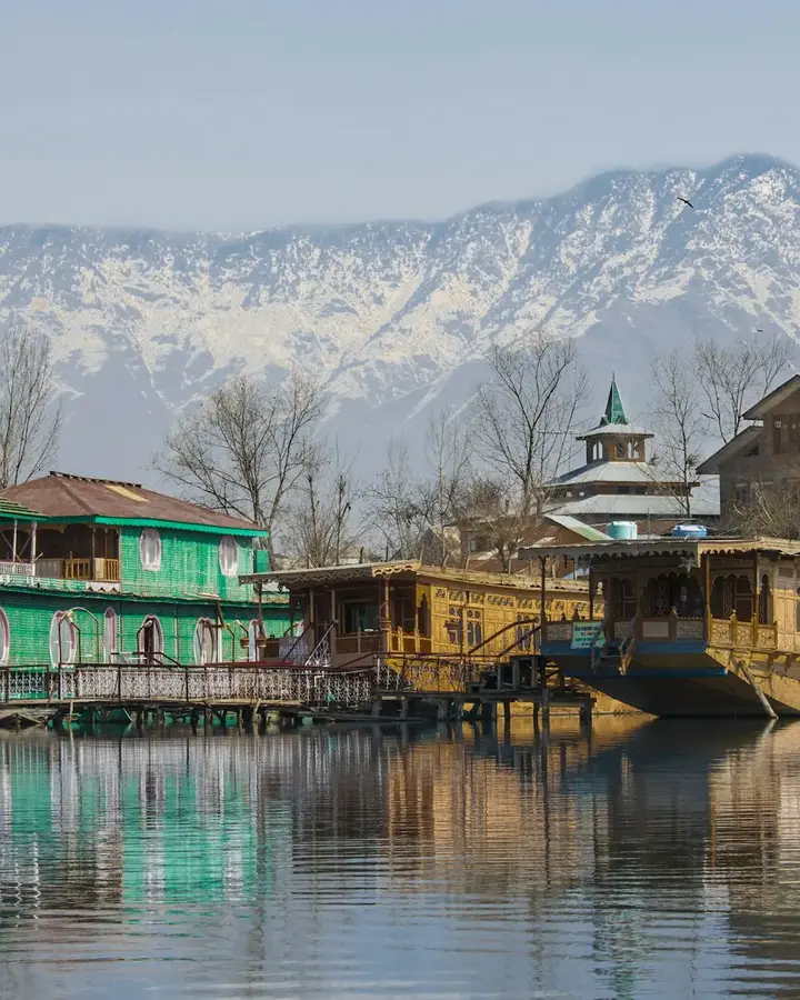 Houseboats on Dal Lake with snow-capped mountains, Kashmir