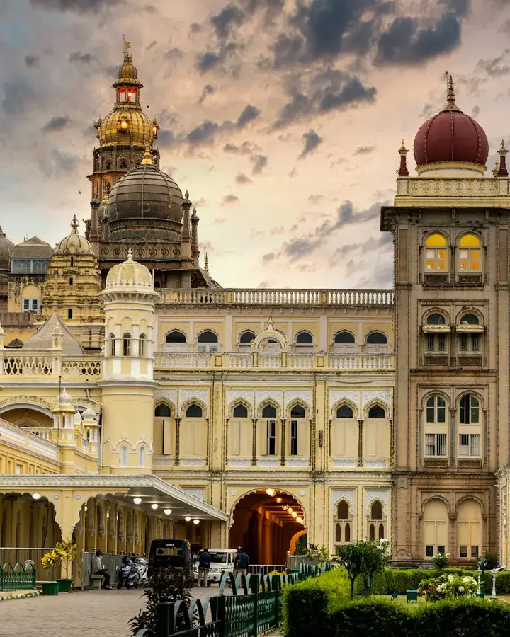 Mysore Palace illuminated at dusk